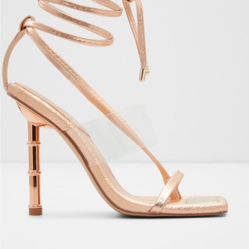 Pink Gold Strappy Heels Bamboo Shaped Heel